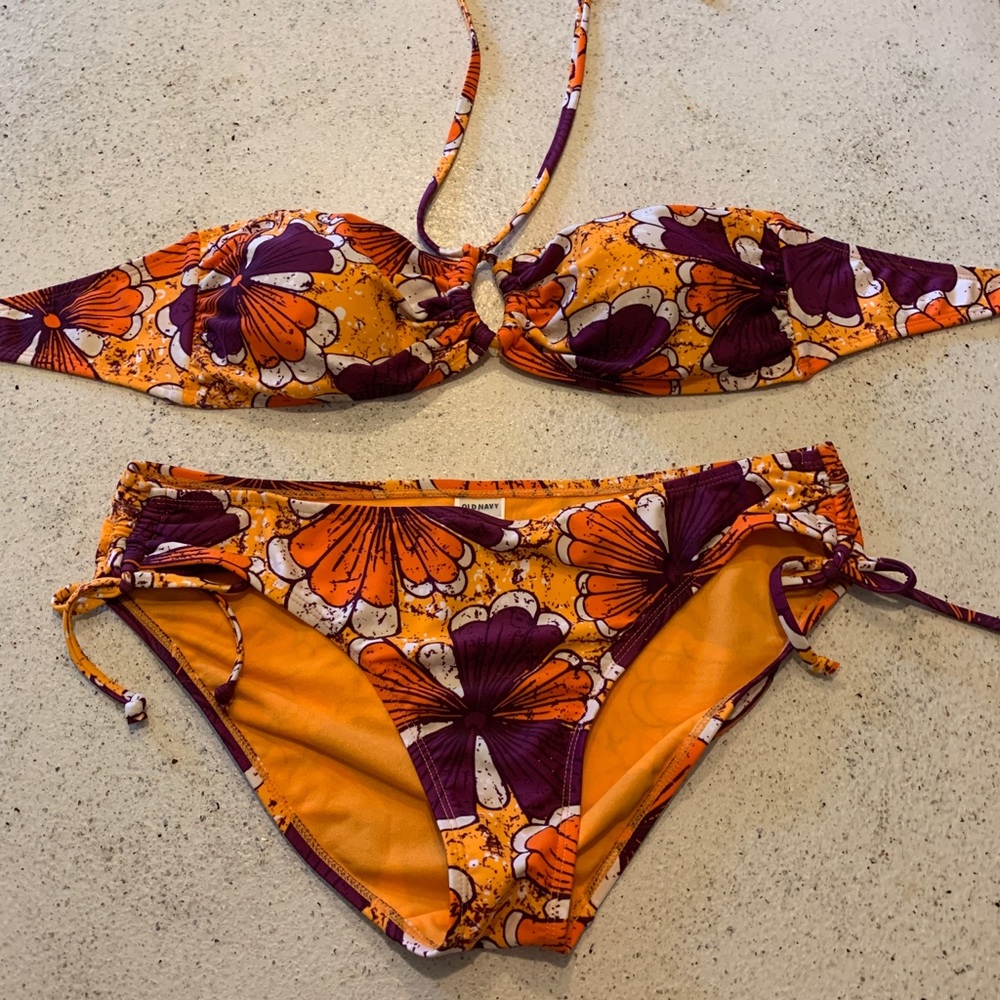 Old Navy Orange and Purple Floral Bikini Large